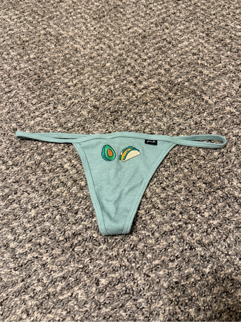 Vintage PINK Women’s Green Thong Panties Size L Embroidered Avocado Taco VS NWT